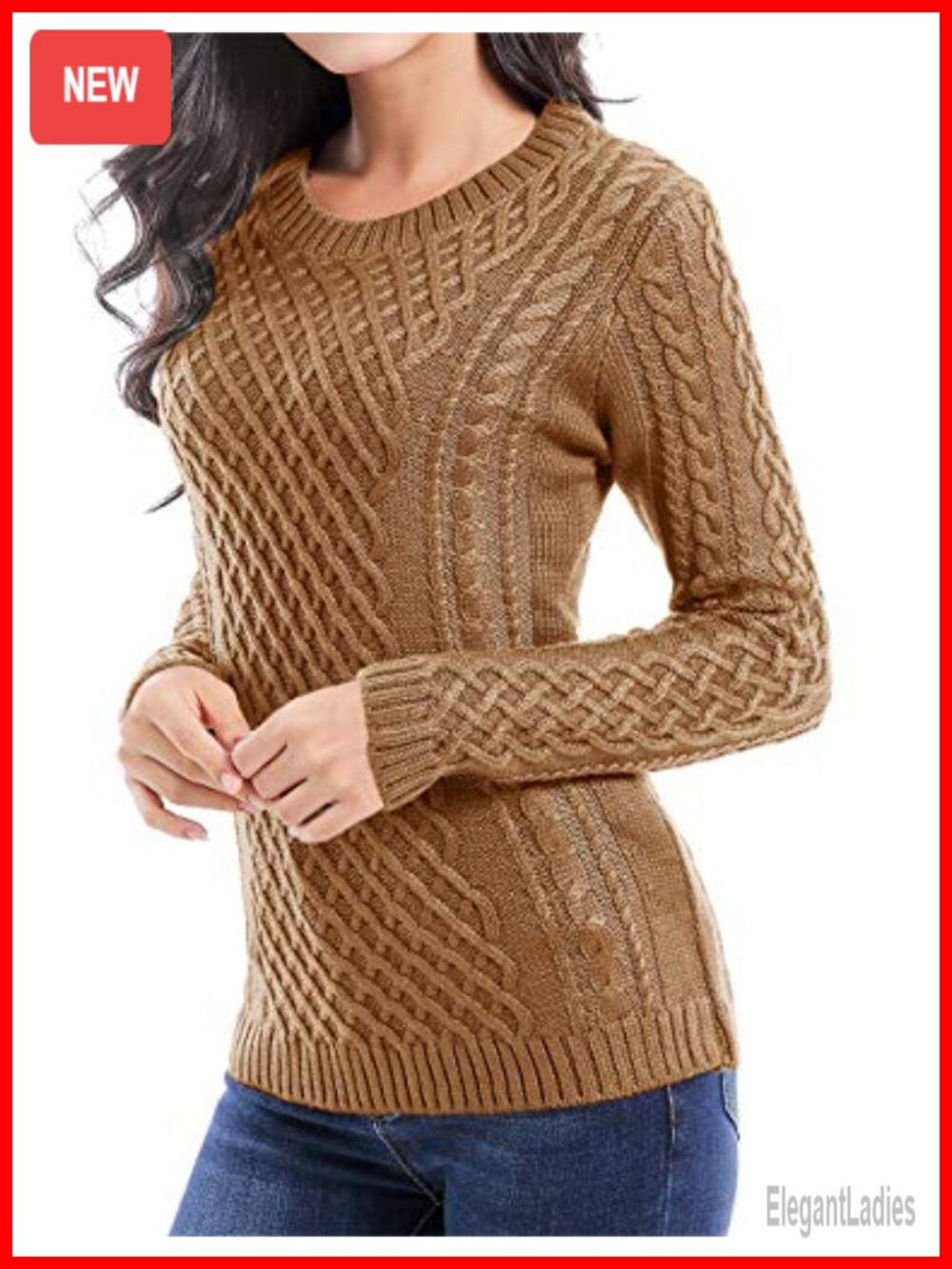 Women Long Sleeve Crew Neck Cable Knit Pullover Sweater Jumper